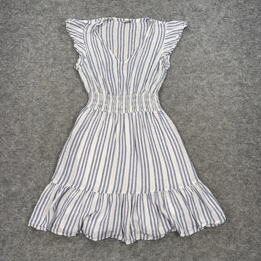 Rails Dress Womens M Blue Striped Fit & Flare Short Flutter Sleeve VNeck Linen